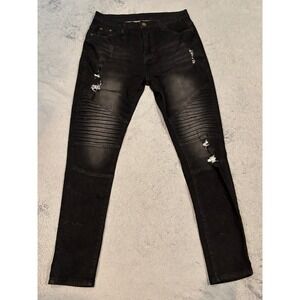 Mens Black Moto Biker Jeans Distressed Ribbed Slim Fit Size L 30x30
